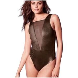 Victoria's Secret Deep V Plunge Bodysuit Sz Small Metallic Gold Bronze Open Back